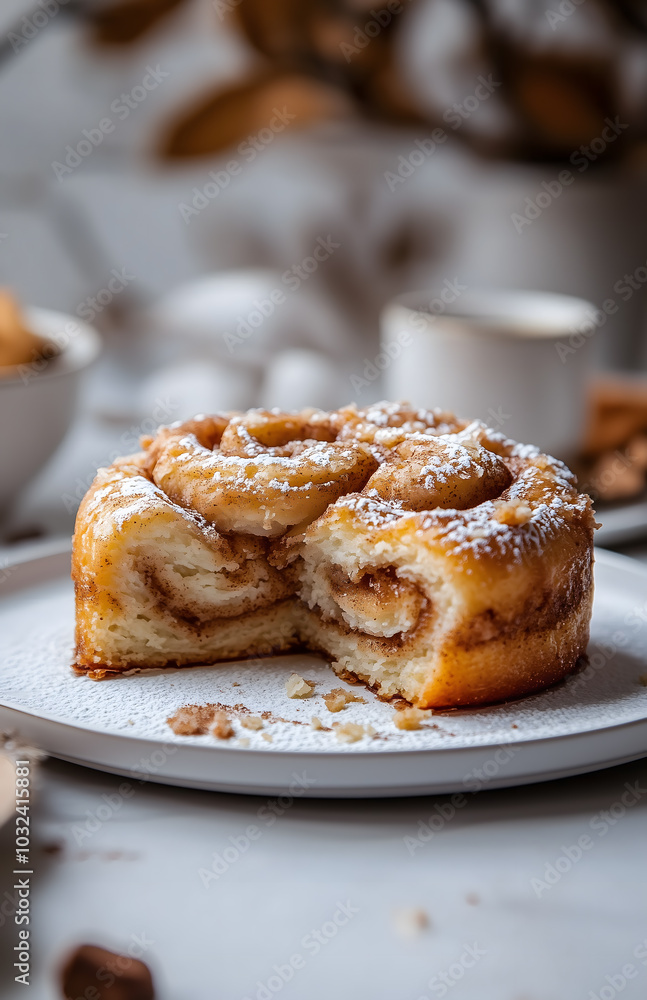 an open cinnamon roll, with the top piece being pulled back to reveal the delicious swirl inside, placed on a white plate an open cinnamon roll, with the top piece being pulled back to reveal the delicious swirl inside, placed on a white plate