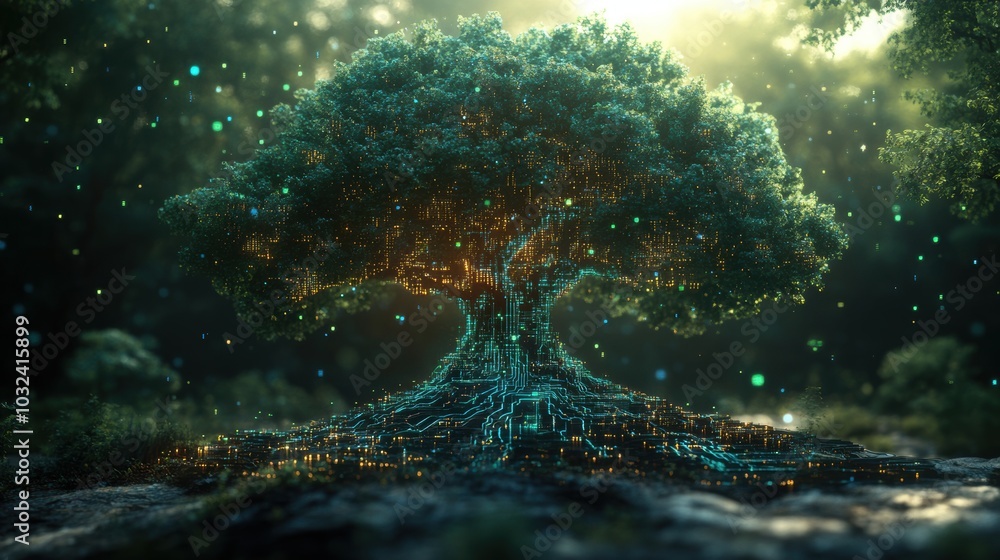 Obraz premium Digital Tree with Glowing Circuitry and Nature Elements