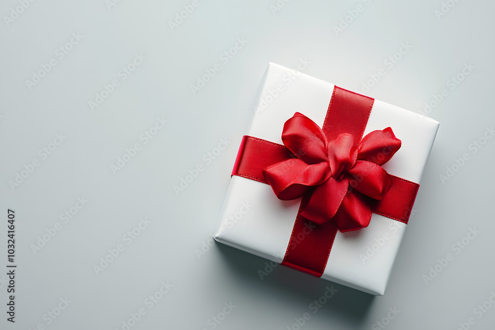 Gift box with red bow on light grey background, top view. Space for text Gift box with red bow on light grey background, top view. Space for text