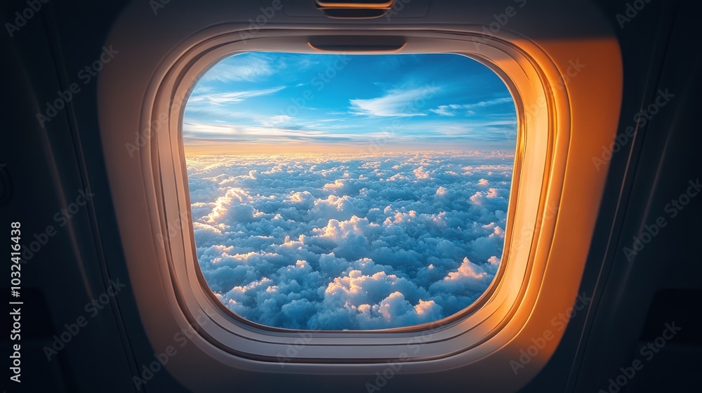 A view of the clouds from an airplane window at sunset. A view of the clouds from an airplane window at sunset.