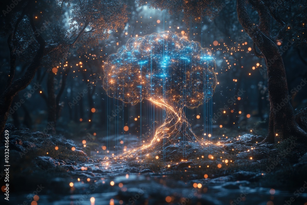 Glowing Tree in Mystical Forest Environment Glowing Tree in Mystical Forest Environment