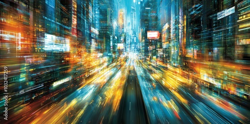 Abstract view of a city at night with blurred lights and motion.