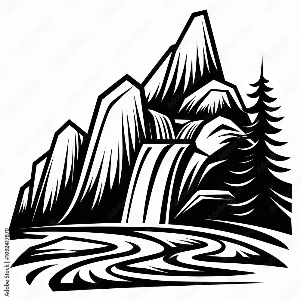 Black and white illustration of a waterfall in a mountainous area Black and white illustration of a waterfall in a mountainous area