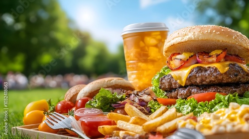 A group of friends partaking in an eco friendly picnic in a beautiful lush park setting photo