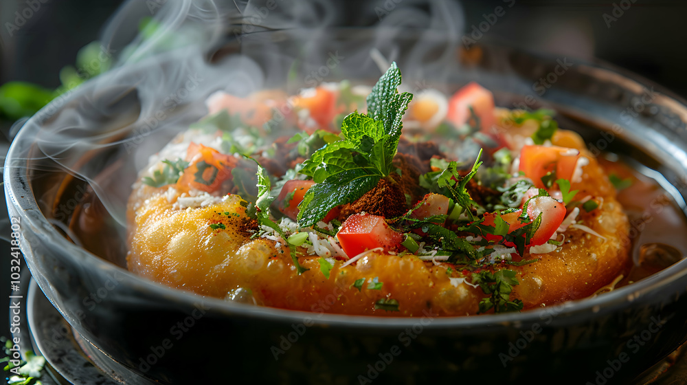 Spicy dahi puri with a dusting of chaat masala and mint Spicy dahi puri with a dusting of chaat masala and mint