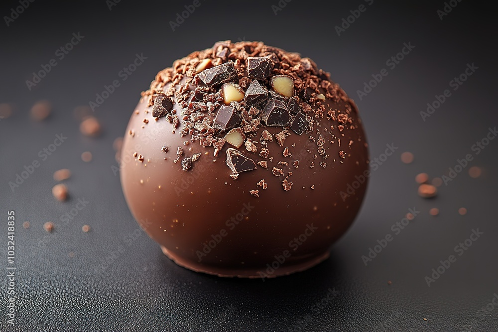 A close-up of a chocolate truffle, with a rich, dark chocolate exterior and a dusting of cocoa nibs. A close-up of a chocolate truffle, with a rich, dark chocolate exterior and a dusting of cocoa nibs.