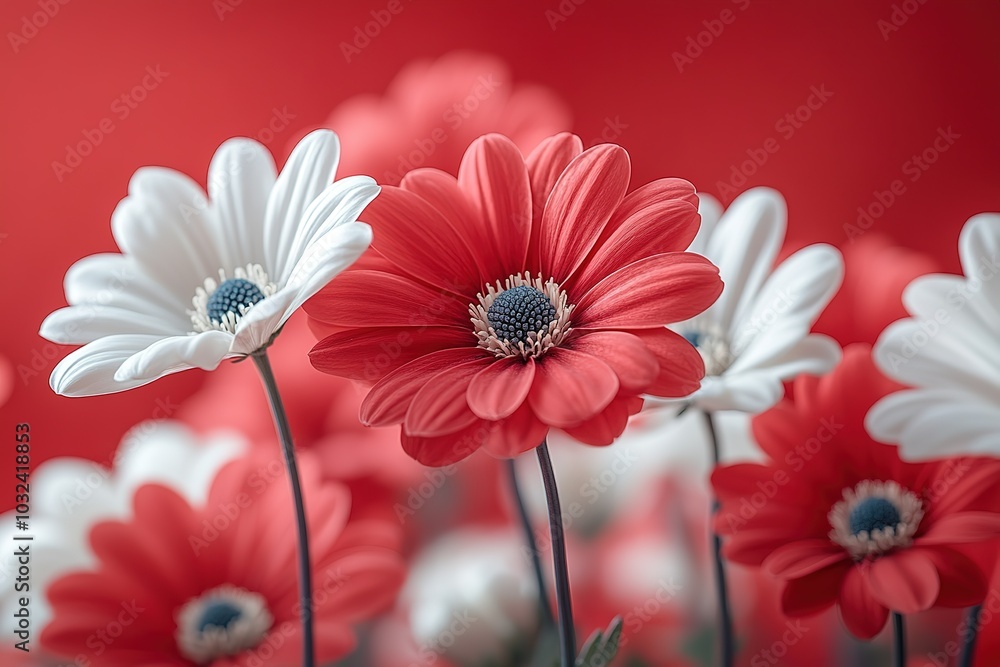 Close-up of red and white flowers against a red background. Close-up of red and white flowers against a red background.