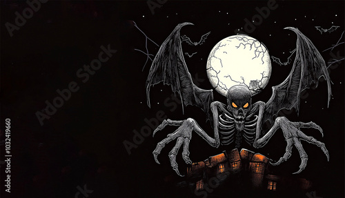 Halloween copy space banner with bat wings, skeleton, full white moon and bats. halloween concept.