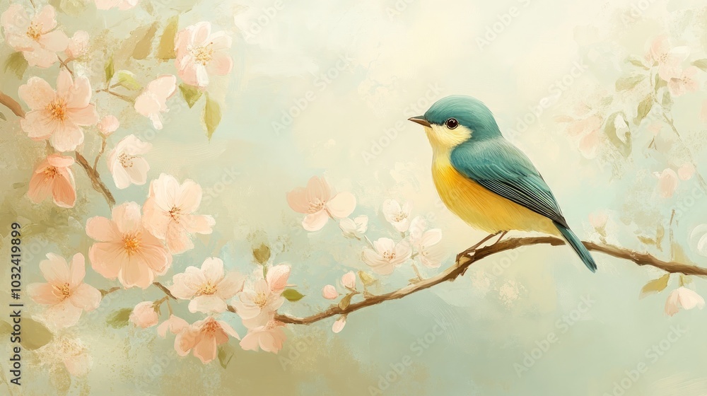 A serene bird perched on a branch with blooming flowers in a soft, pastel background. A serene bird perched on a branch with blooming flowers in a soft, pastel background.