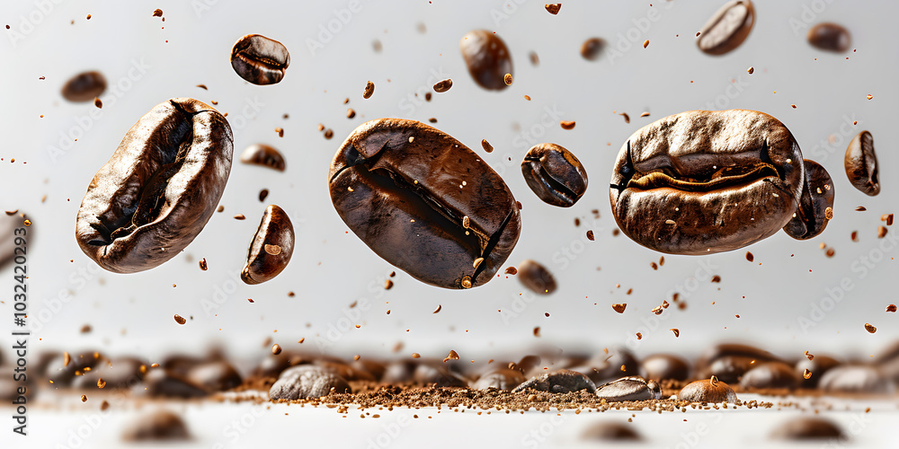 Premium Roasted Rich Coffee Beans Floating Displayed on Rustic Wooden Surface, Ideal for Gourmet Coffee Lovers and Perfect for Artisan Brewing and Fresh Aromas on White Landscape Background Premium Roasted Rich Coffee Beans Floating Displayed on Rustic Wooden Surface, Ideal for Gourmet Coffee Lovers and Perfect for Artisan Brewing and Fresh Aromas on White Landscape Background