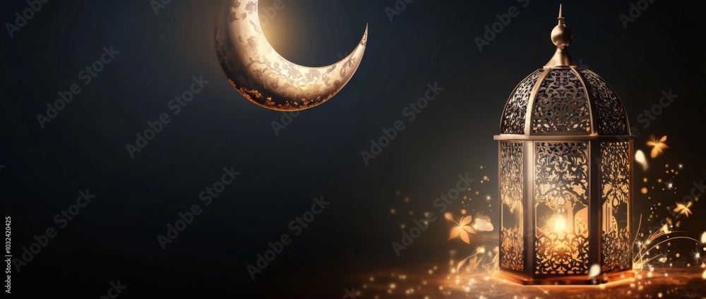 Digital illustration traditional Arabic lantern crescent moon background Islamic decoration Digital illustration traditional Arabic lantern crescent moon background Islamic decoration