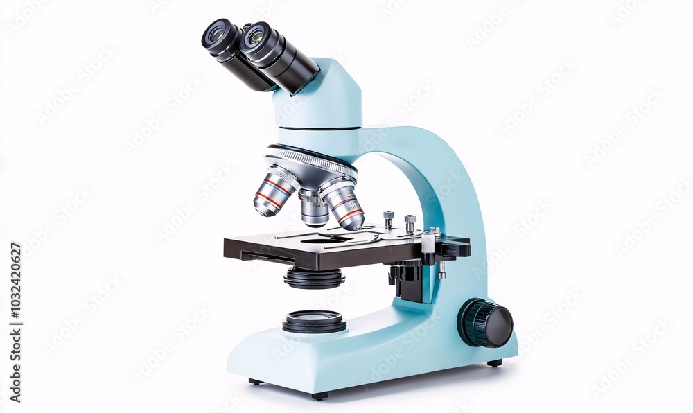 Blue Microscope: A close-up of a blue microscope against a white background, emphasizing the precision and scientific nature of the equipment. This image is perfect for illustrating research. Blue Microscope: A close-up of a blue microscope against a white background, emphasizing the precision and scientific nature of the equipment. This image is perfect for illustrating research.