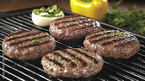 Grilled plant based protein burgers sausages and other meat free foods on a grill representing environmentally friendly and healthy alternatives to traditional meat products
