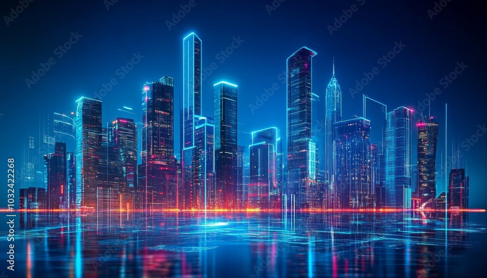 Obraz premium Futuristic cityscape night city lit up colorful lights Diagram of the concept