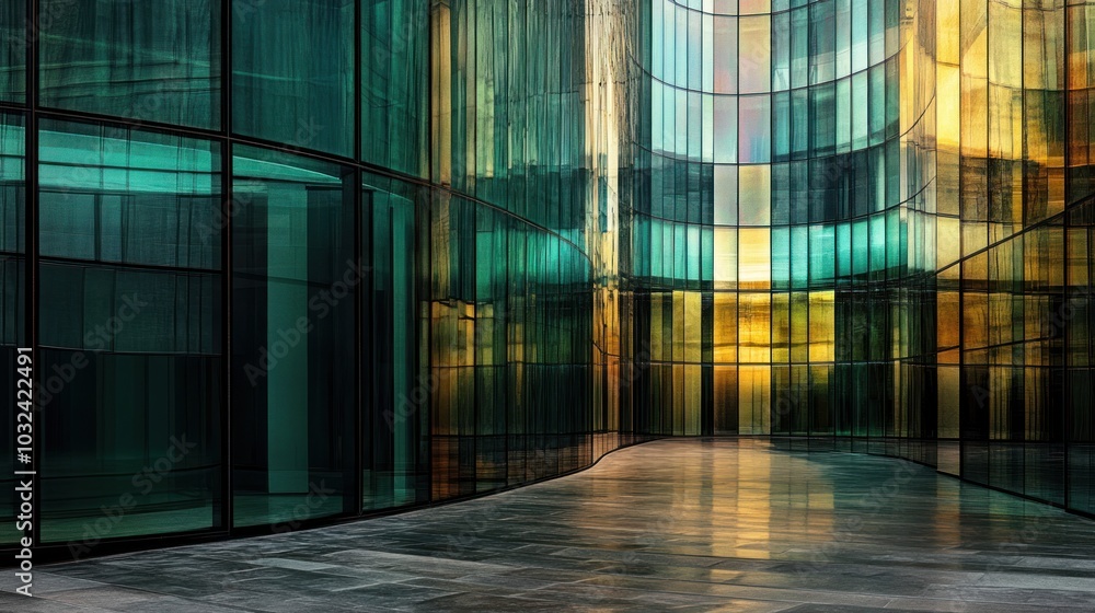 A modern architectural space with colorful glass walls reflecting light and creating patterns. A modern architectural space with colorful glass walls reflecting light and creating patterns.