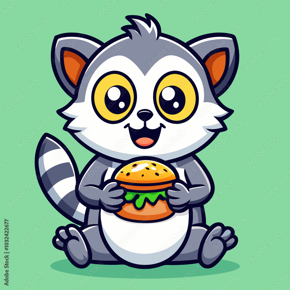 Cute Lemur Eating Burger Cartoon Vector – Perfect for Food Branding, Packaging, and Menu Designs Cute Lemur Eating Burger Cartoon Vector – Perfect for Food Branding, Packaging, and Menu Designs