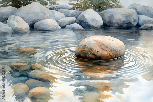 A serene water scene featuring smooth stones, rippling water, and soft reflections, evoking tranquility and natural beauty.