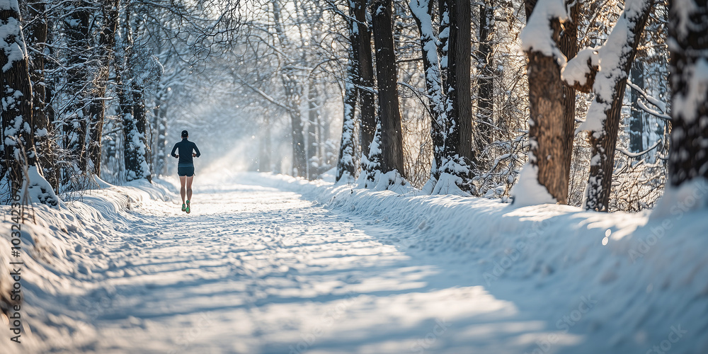Winter Running in a Snowy Forest Path Winter Running in a Snowy Forest Path