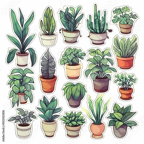 Charming watercolor plant stickers in various pots for decoration.