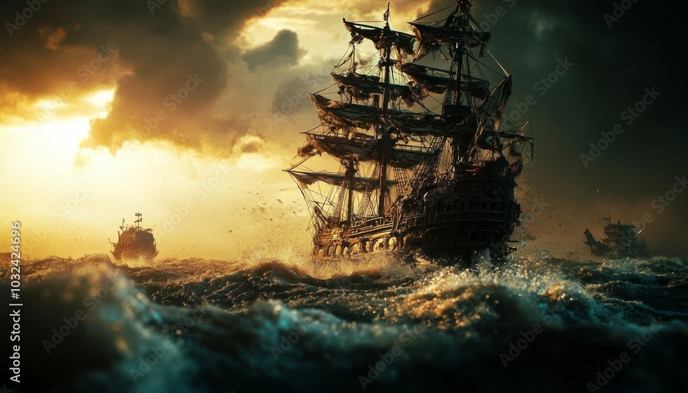 Obraz premium Large ship sailing ocean sunset is tall multiple