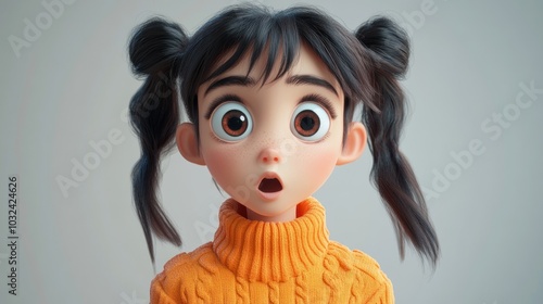 A surprised animated girl with big eyes wearing an orange sweater.