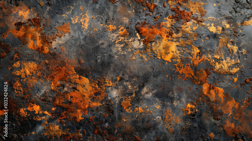 Old rusted metal texture featuring a close-up of an oxidized surface with orange and brown rust spots, showcasing a rough and corroded appearance, highly detailed for grunge backgrounds