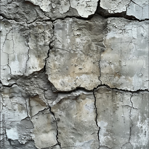  Rough, weathered concrete texture with visible cracks and chipped surface in gray tones featuring dark stains, showcasing an aged and worn-out look, ideal for industrial or urban backgrounds