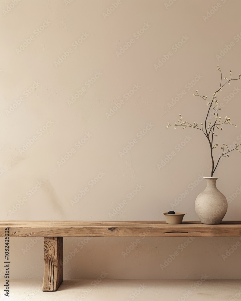 Rustic wooden bench and clay vase with branch near beige grunge stucco wall with copy space. Japandi, wabi-sabi home interior design of modern living room. Rustic wooden bench and clay vase with branch near beige grunge stucco wall with copy space. Japandi, wabi-sabi home interior design of modern living room.