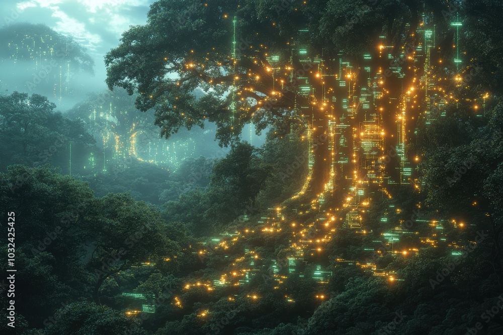 Obraz premium Enchanted Forest with Illuminated Tree and Mystical Glow