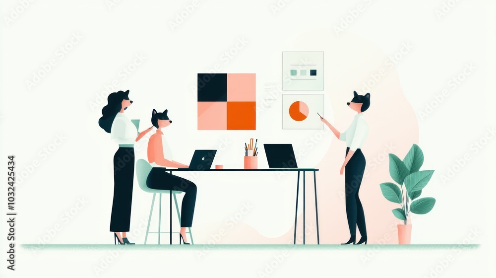 Fototapeta premium Creative team collaboration a dynamic workspace with cat-inspired characters engaging in data visualization and strategy planning