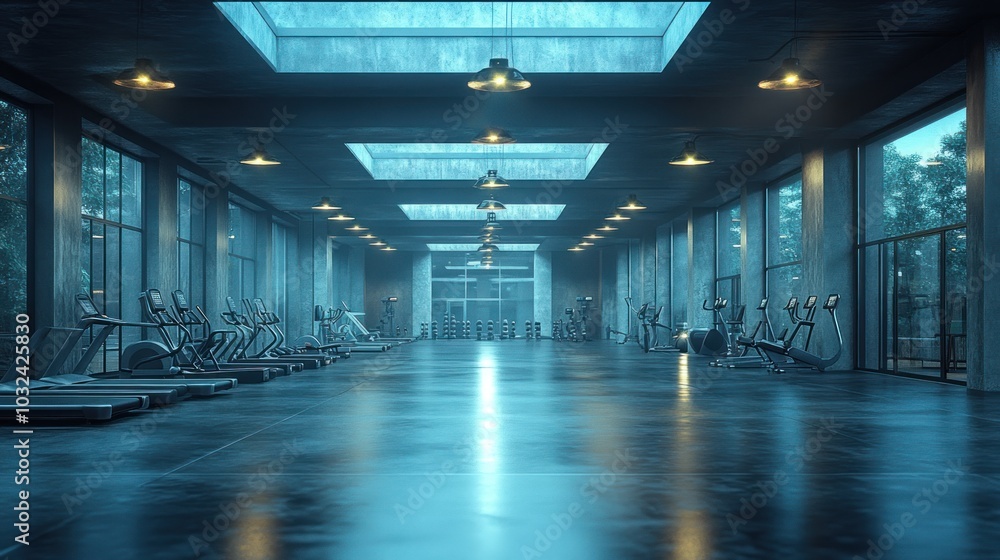 Fototapeta premium Modern gym interior with treadmills, exercise bikes, and large windows overlooking a green forest.