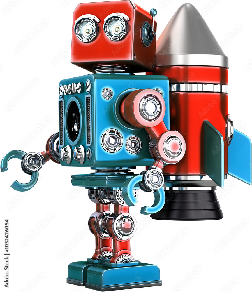 Naklejka premium Blue and red robot standing with rocket attached to its back