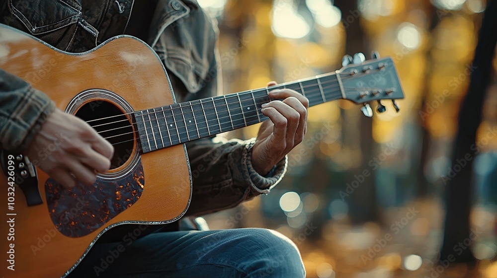 Fototapeta premium Man playing acoustic guitar in an autumn forest
