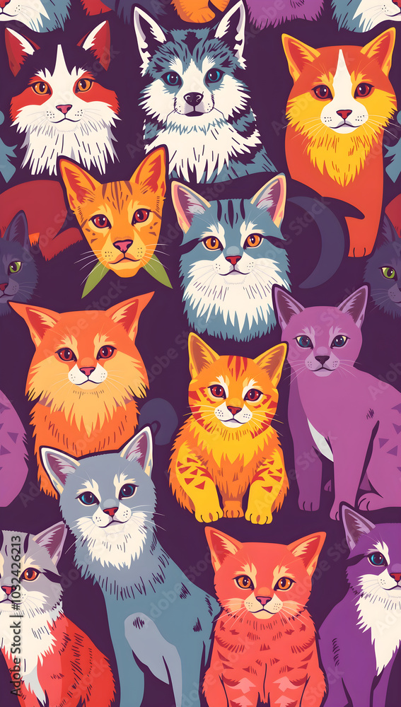 The pattern of dog heads and cats in a pop-up style with extreme colors