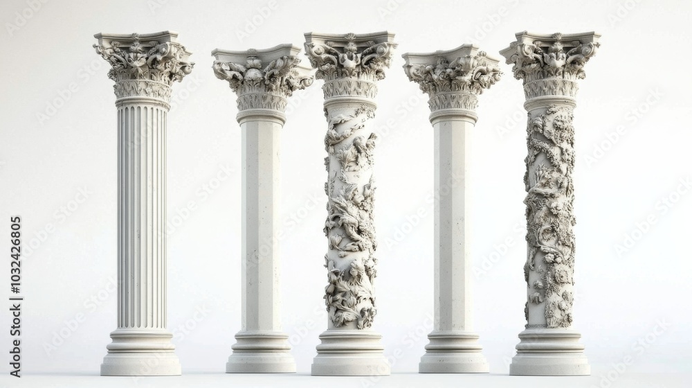 Obraz premium Set four tall white columns intricate carvings top A of antique
