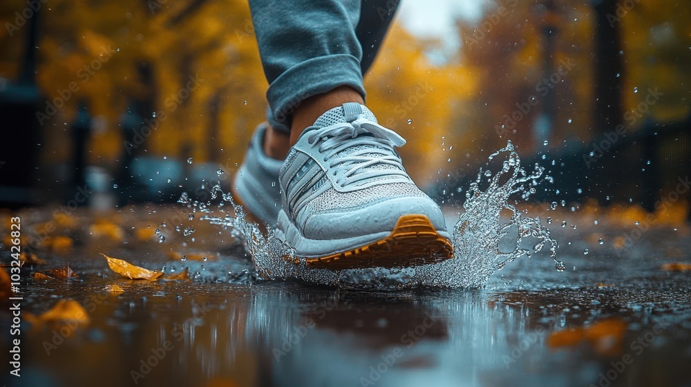 closeup of sneaker shoes splashing through puddles on a rainy city street illustrating the energetic spirit of a runner embracing the elements closeup of sneaker shoes splashing through puddles on a rainy city street illustrating the energetic spirit of a runner embracing the elements