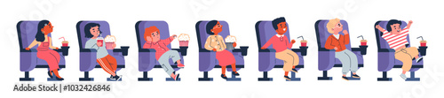 Cute kids watching movie flat vector set, girls and boys eating popcorn and drinking soda while sitting in the cinema