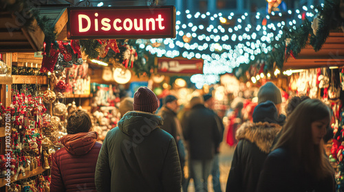 A group of people are walking through a store with a sign that says "Discount"