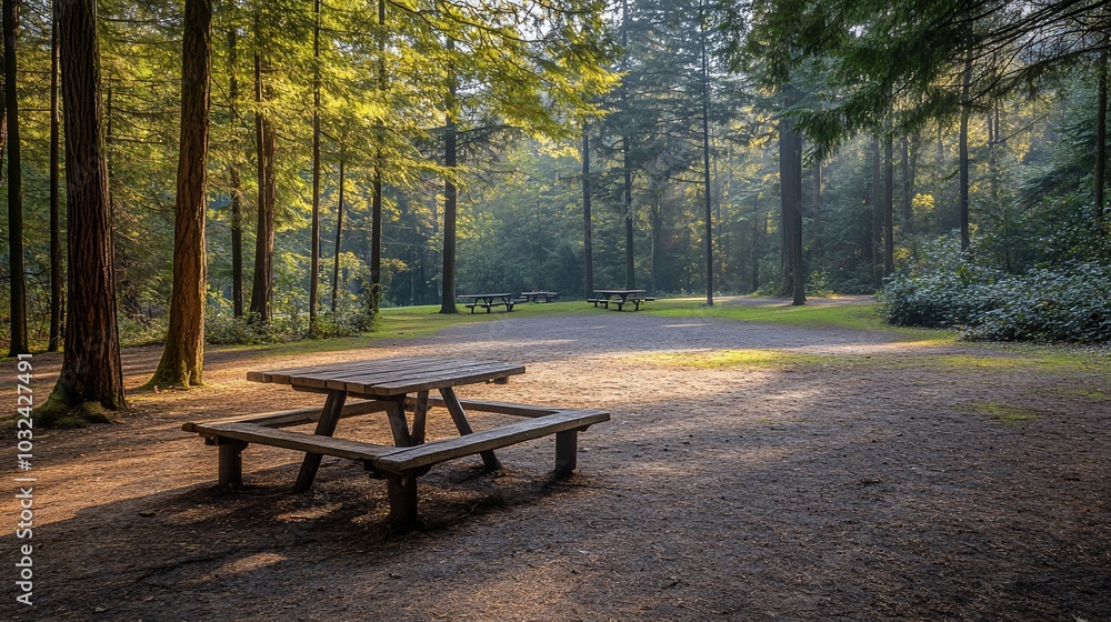 A sunny morning in a forest with empty picnic tables and a tranquil atmosphere. A sunny morning in a forest with empty picnic tables and a tranquil atmosphere.