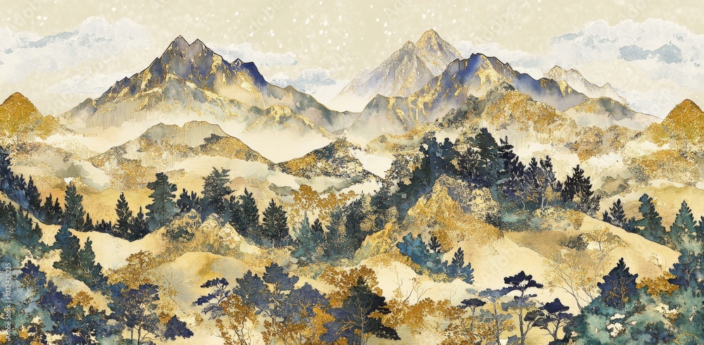 Watercolor painting mountainous landscape done loose impressionistic style Distant golden mountains, forest Watercolor painting mountainous landscape done loose impressionistic style Distant golden mountains, forest