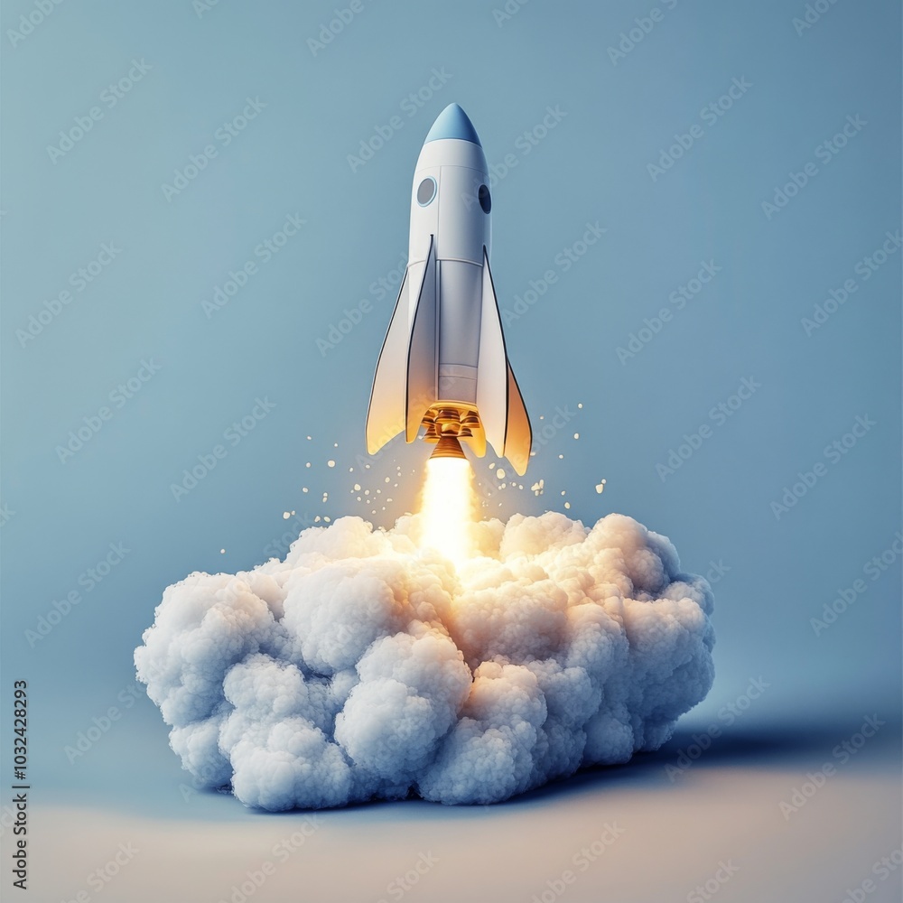 Obraz premium White rocket taking off from cloud is center