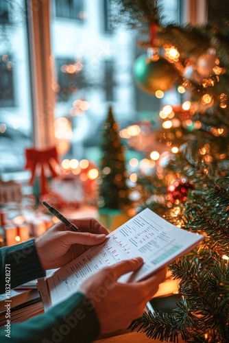 A person is writing in a notebook by a Christmas tree