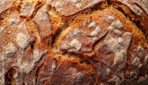 Close-Up of Rustic Artisan Sourdough Bread with Deep Golden-Brown Crust and Airy, Open Crumb Structure, Lightly Dusted Flour. Ideal for Showcasing Texture, Freshness, Craftsmanship in Baking Culinary