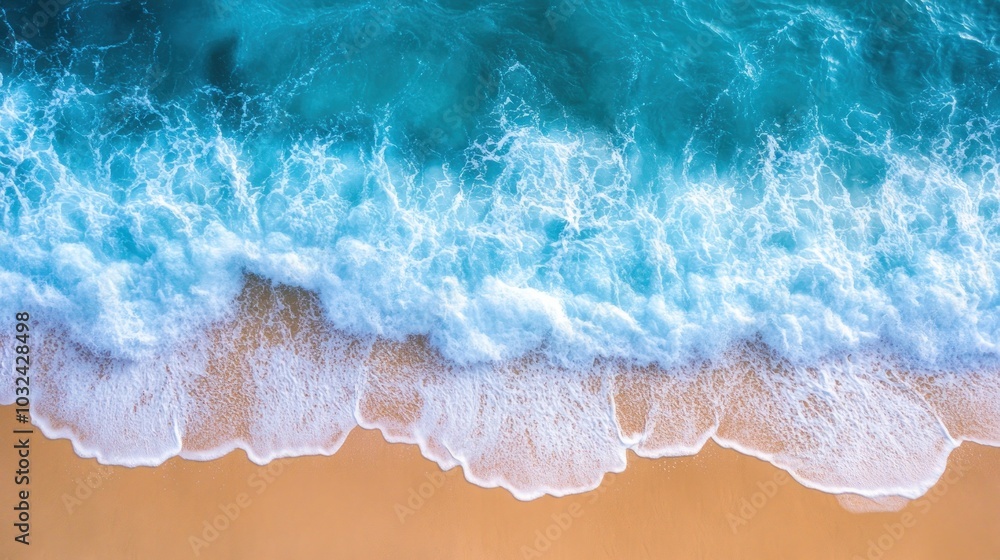 Aerial view of ocean waves crashing onto a sandy beach, showcasing natural beauty. Aerial view of ocean waves crashing onto a sandy beach, showcasing natural beauty.