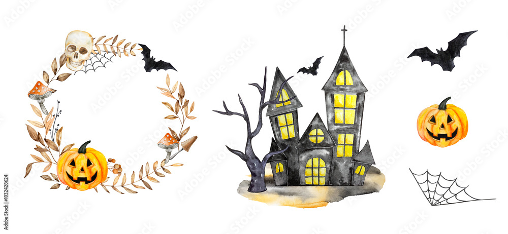 Obraz premium Watercolor Halloween set with cute, magical, mystical and scary illustrations