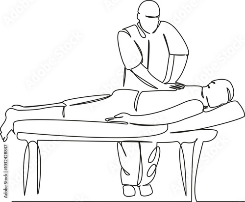 One continuous single drawing line art flat doodle hand, people, man, osteopath, giving, relaxation, spa, touching, woman, adult. Isolated image hand draw contour on a white background