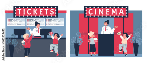 Children buy movie tickets for a cartoon.