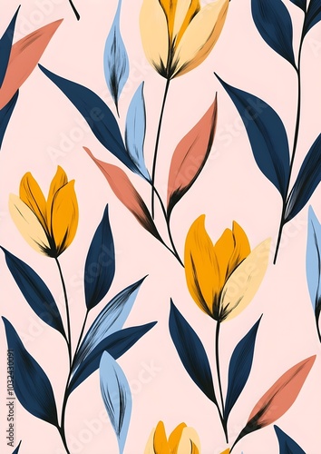 Abstract Floral Pattern with Yellow Flowers and Blue Leaves