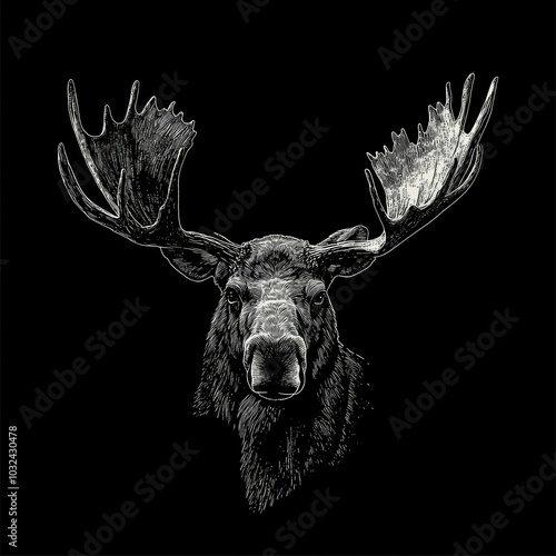 Moose head illustration, black isolate background photo