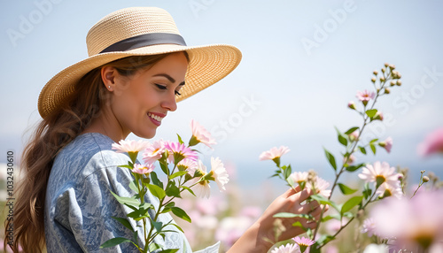 woman in hat and hat picking flowers photo